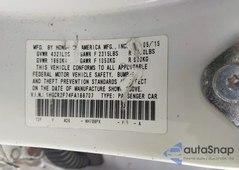 2015 Honda Accord Ex z USA, uszkodzony, nr VIN 1HGCR2F74FA188707